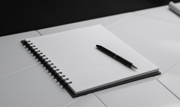 Notebook and pen on a calm desk in soft natural light
